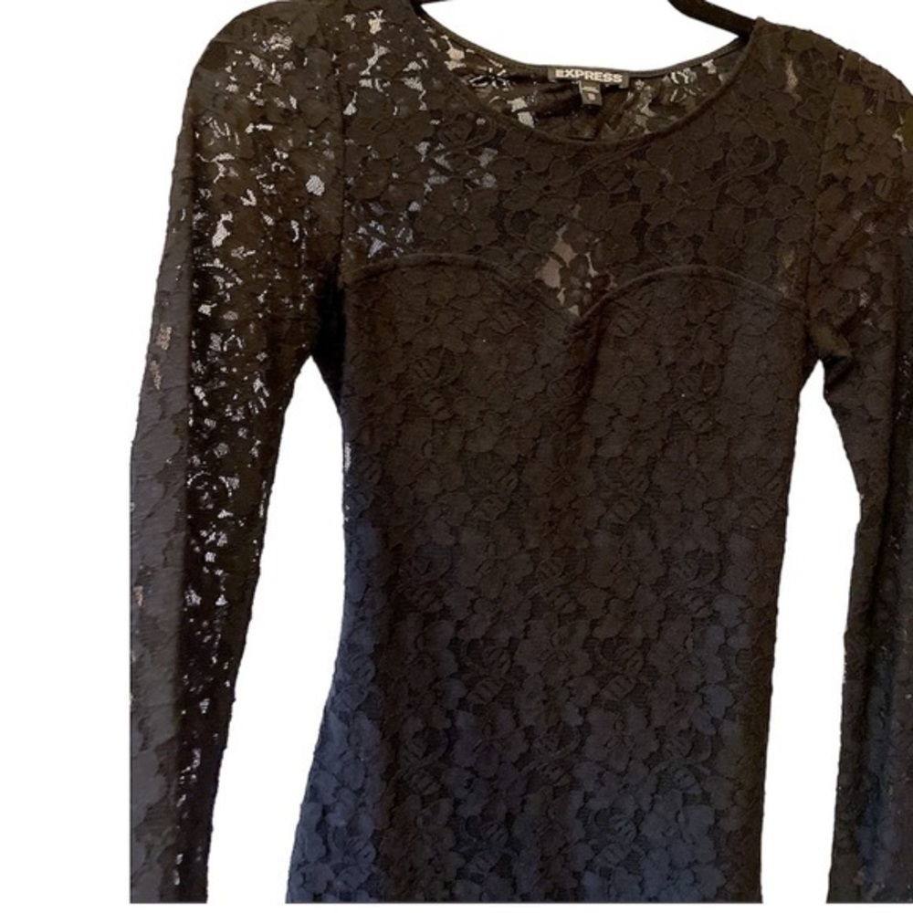 ❄️ 5/$25 Express Black Lace Overlay‎ Open Back Cocktail Dress XS - Picture 2 of 8